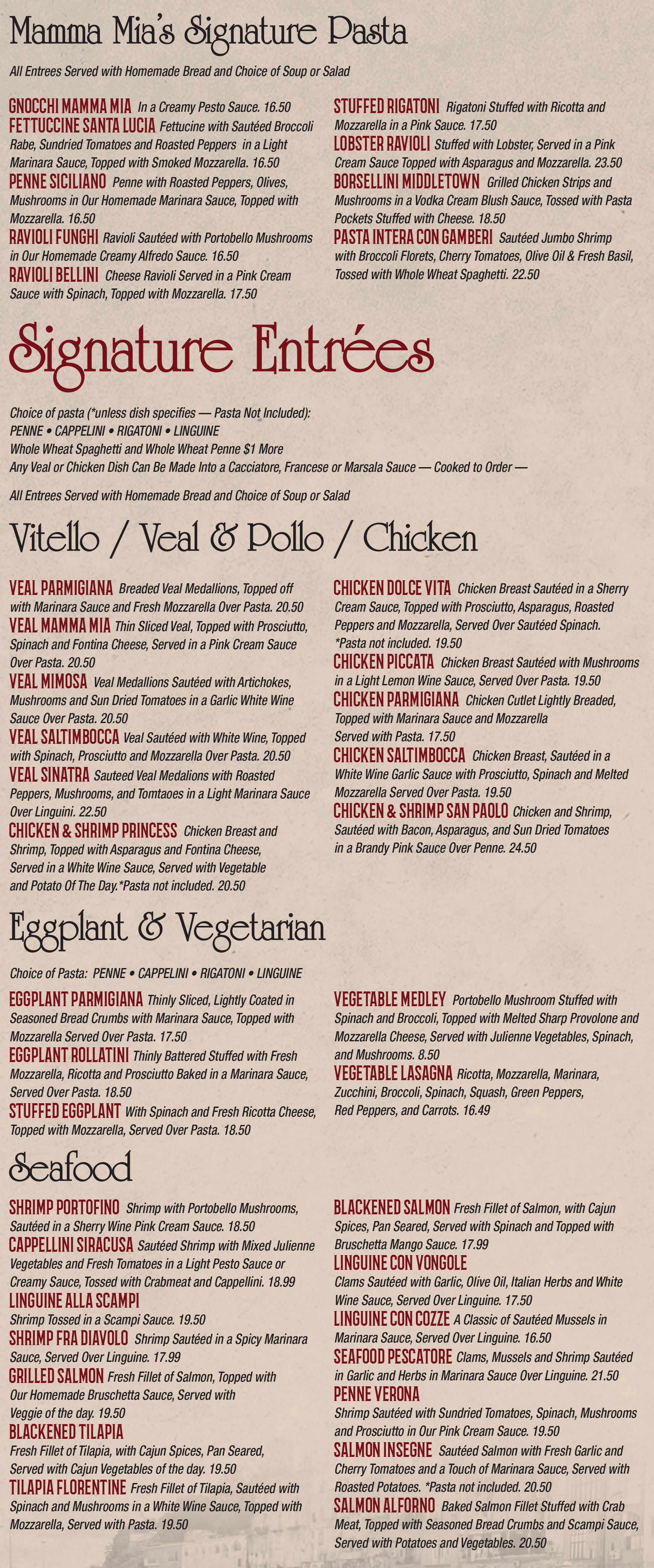 Pasta - Entrees & Seafood 
